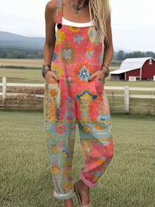 Geometric Pattern Print Women's Adjustable Strap Jumpsuit, Polyester, Lightweight And Breathable, Women's Clothing, Regular Women's Clothing, Women's Jumpsuits And Rompers, Women's Jumpsuit, Women's Plus Size Jumpsuit - 彩色 - 查看 1