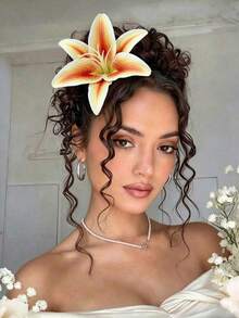 1pc Lily Flower Hair Clip, Hawaiian Style, Artificial Flower Hair Clip For Women, Suitable For Back To School Season, Summer Plumeria Flower Hair Clip, Suitable For Holiday Beach Party, Summer Tropical Floral Hair Accessory, Wedding Party, Girls Festival Gift, Claw Clips,Travel,Birthday - Orange - View 2