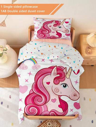 2PCS Toddler Bedding Set, Cartoon Pink Unicorn Duvet Cover Set, Four Season Collection, Double-Faced Duvet Cover With 1 Single-Sided Printed Pillowcase, For Baby Kids Newborn Crib, Holiday Gift, No Filling, Pillowcase 40x60CM 100% Polyester,Machine Washable