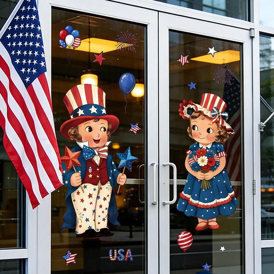 1/2 Sets de pegatinas de ventana del Día de la Independencia de Estados Unidos, patrones de niño y niña, pegatinas reutilizables de bandera con estática, adecuadas para dormitorio, tiendas, regalos y decoración de fiestas patrióticas