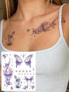 Glitter Gradient Colorful Y2K Butterfly Leaf Floral Pattern Small Arm Temporary Tattoo Stickers, DIY Wrist Ankle Shoulder Neck Collarbone Body Temporary Tattoo Stickers - Multicolor - View 12