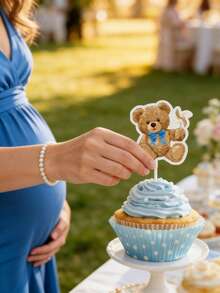 12Pcs Teddy Bear Baby Shower Cupcake Toppers, Blue/Pink Baby Theme Cake Decor Toppers For Gender Reveal 1st Birthday Welcome Newborn Baby Party Dessert Table Supplies Baby Shower Party Favors Baby Shower Party - Multicolor - View 4