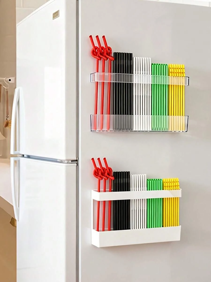 Caja de almacenamiento y soporte de pared para pajitas de acrílico transparente blanco de dos colores, adecuado para gabinetes, estante para pajitas que ahorra espacio, sin necesidad de montaje, aplicable para cocinas, organización, sin partes metálicas, estantería práctica - View 1