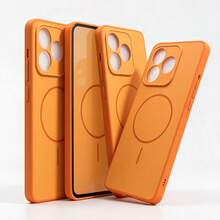 3-In-1 Honor X5C/X5C Plus Faux Magnetic Protective Case With Tempered Glass Screen Protector + Lens Protector | Full Protection Anti-Collision Frame | Scratch-Resistant Hard Back Cover | Durable Shock-Proof Phone Protective Case - Orange - View 3