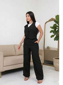 Women's Tailored Set: Vest And Wide-Leg Pants. Elegant, Casual, Chic, Modern, Conservative/Modest. Party/Fabric. Buttons Down The Front. Gathered Waist. Women's Formal Set. Office/Baby Shower/Formal And Evening. Holidays/Home/Summer, Spring And Autumn. - 黑色 - 查看 3