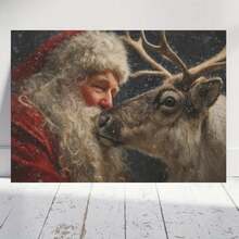 Arte de pared 2D plano de reno de Papá Noel en madera maciza, decoración de invierno y Navidad con póster en lienzo envuelto listo para colgar, mural para sala de estar de granja, dormitorio, regalo festivo, póster de Papá Noel y reno para decoración de dormitorio, sala de estar y oficina - Enmarcado - Ver 1