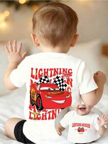 Disney Cars Lightning McQueen Baby Short Sleeve T-Shirt, Retro Stacked Text Double-Sided Print, Soft Breathable Toddler Casual Tee For Boys - 白色 - 查看 1