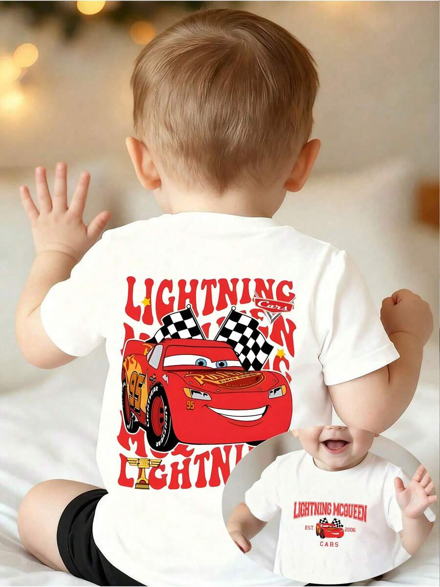 Disney Cars Lightning McQueen Baby Short Sleeve T-Shirt, Retro Stacked Text Double-Sided Print, Soft Breathable Toddler Casual Tee For Boys - 白色 - 查看 1