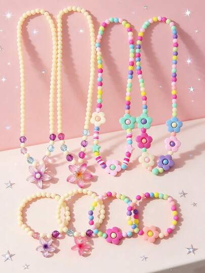 8 Stücke/Set süßer Blumen Anhänger Perlen Armband, Halskette, Schmuckset, bunte Perlen zufällig, geeignet für Feiertage, Schule, Geburtstags-Geschenk für Mädchen