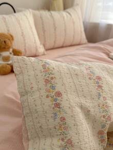 4件套柔雾花卉床上用品套装，浪漫法式风格，双层雪纺，柔软透气，可拆卸可水洗，春夏款，包含1个被套、1个床单、2个枕套（不含枕芯，枕套图案随机裁剪） - 粉色 - 查看 12