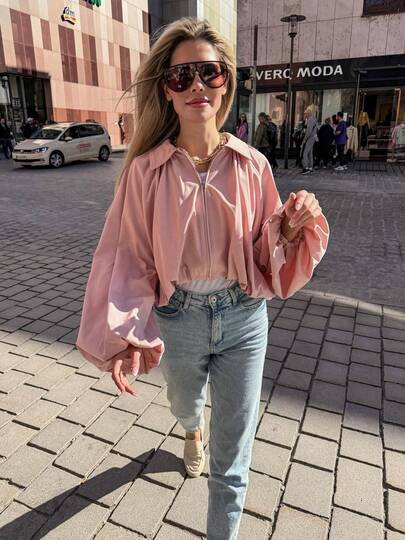 ZAHM Áo khoác ngắn tay phồng màu hồng nhạt thanh lịch, cổ bẻ, khóa kéo, dáng rộng, thích hợp cho công sở.