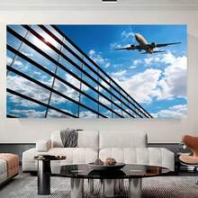 2D Plano, 1 pieza Moderno Marco Horizontal - Avión Volando sobre Paisaje Urbano Tinta en Pintura sobre Lienzo, Marco Horizontal Envolvente Adecuado para Dormitorio, Oficina - / Decoración con Temática de Aviación, Regalo de Navidad de Otoño e Invierno, 2D Plano - Enmarcado - Ver 3
