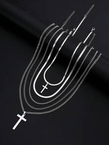 17KM 59pcs Minimalist Punk Hip-Hop Cross Necklace, Bracelet, Ring, Zirconia Stud Earrings Jewelry Set, Gift For Men For Date, Vacation, Daily Wear - Silver - View 3