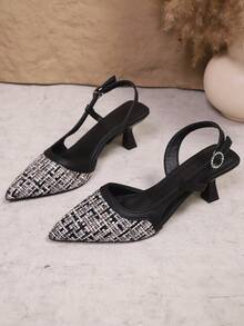 New Spring/Summer Fashion Sandals, Pointed Toe, Open Heel, Small Kitten Heel, Plaid Woven Upper, Decorated With Rhinestone Metal Buckle, Soft And Breathable Sole, Versatile, Suitable For Dresses, Workwear, Commuting, Daily Wear And Dates. Elegant Ladies' Shoes Including Black High Heels And Beige High Heels. - Black - View 6