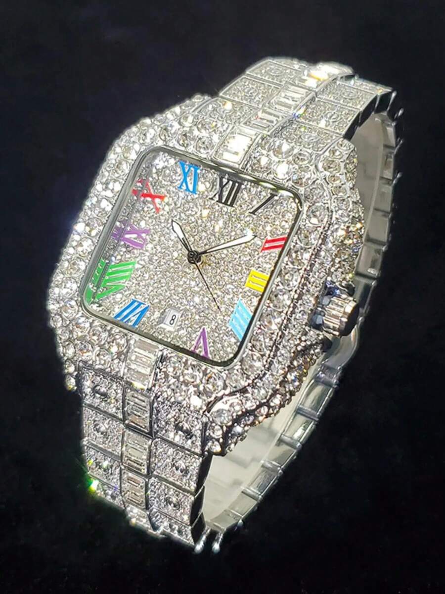 Men's Elegant Rhinestone Decorated Square Quartz Watch, Exquisite  Wristwatch, Fashionable Watch For Men As Gift With Box, Elegant Square Dial, Stylish Watch - Silver - View 1