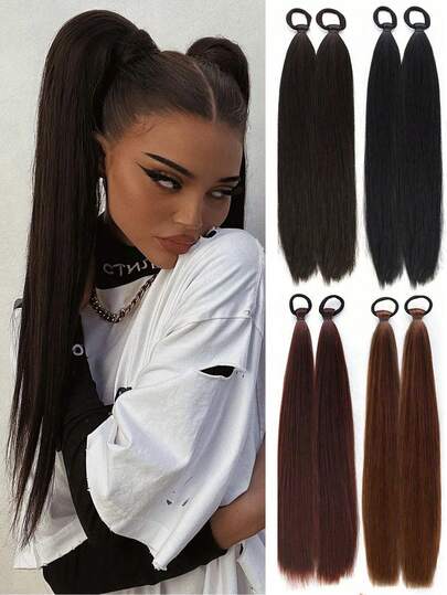 Extensión de cabello de cola de caballo de 18 pulgadas, cola de caballo resistente al calor de color negro y marrón para mujeres, cola de caballo recta larga DIY, adecuada para Navidad, Año Nuevo, festivales de música