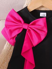 1 pieza Vestido de verano de línea A con cuello redondo, manga corta y lazo 3D elegante y minimalista para niñas bebé - Negro - Ver 5