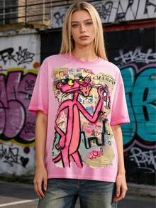 Pi Nk Pa Nt Her Retro Comic Collage Print Graphic Tees Men, Street Graffiti Vibe Graphic Tees, Skin-Friendly Pure Cotton Mens Clothes, Breathable Loose Silhouette Casual Versatile T-Shirt - Dirty Rose Red - View 3