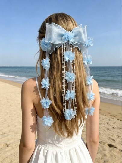 1pc New Floral Tassel Hair Clip, Sweet & Cute Bow Hair Accessory
