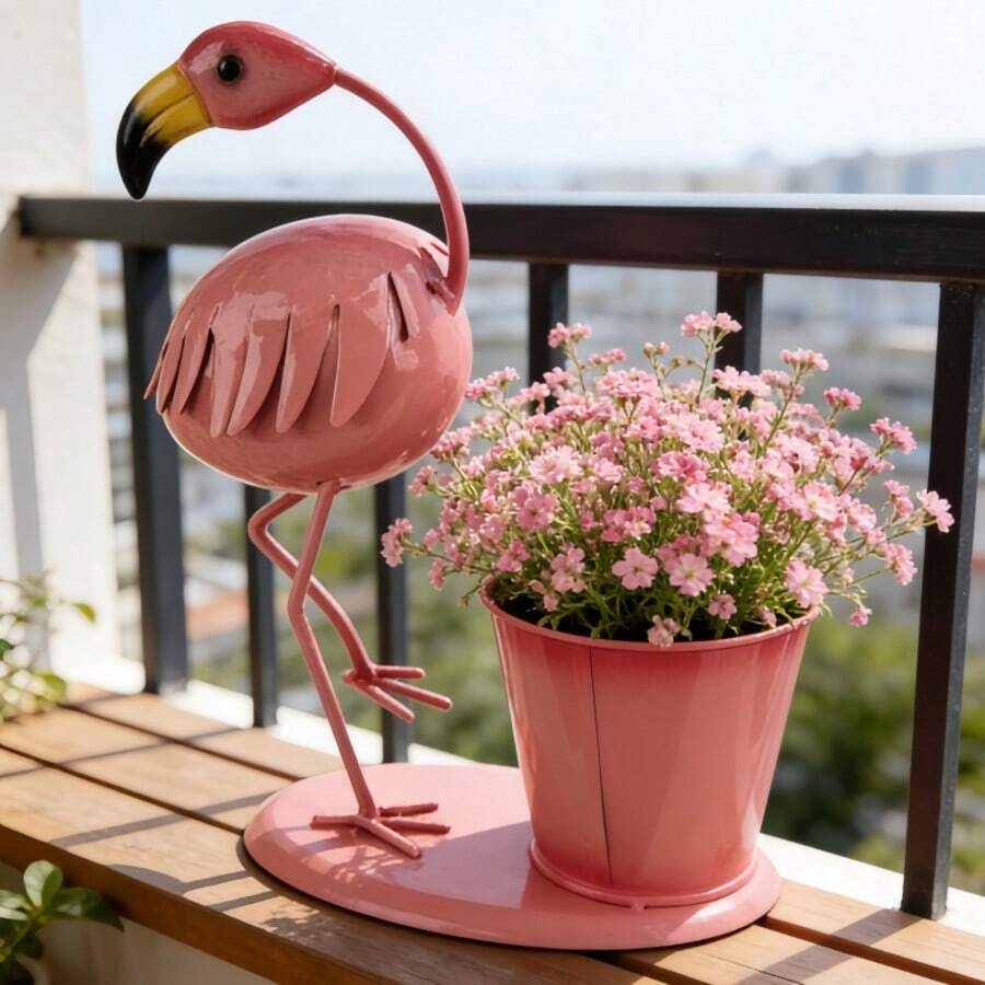 Style nordique Pot de fleurs en fer art créatif en forme de flamant rose, design de base solide, artisanat en fer + peinture cuite à haute température, ne rouille pas et ne se décolore pas facilement, détails raffinés, créez un paysage unique pour votre balcon et jardin. Pot de fleurs, balcon, création de jardin, décoration