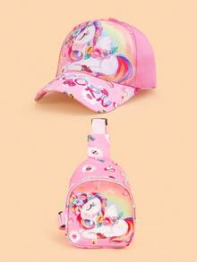 Set de 2 piezas: Gorra de béisbol de unicornio y bolso de pecho para niños de 3 a 5 años, dulce y lindo protector solar, ligero y cómodo, correa ajustable para la cintura, adecuado para uso diario, viajes y vacaciones, gran regalo para niños - Multicolor - Ver 5