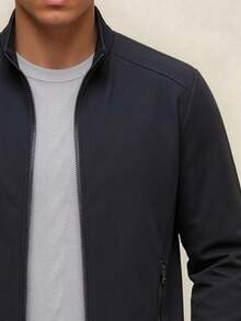 AHTELB Chaqueta de cuello alto para hombre primavera/otoño, chaqueta de entrenador de unicolor de moda casual, diseño de puños acanalados para deportes - Azul Marino - Ver 5
