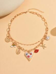 1pc Elegant Alloy Pendant Necklace With Colorful Heart, Rainbow, Starfish Elements, Fashionable Necklace Jewelry For Women, Suitable For Daily Wear, Parties, Music Festivals - Multicolor - View 2