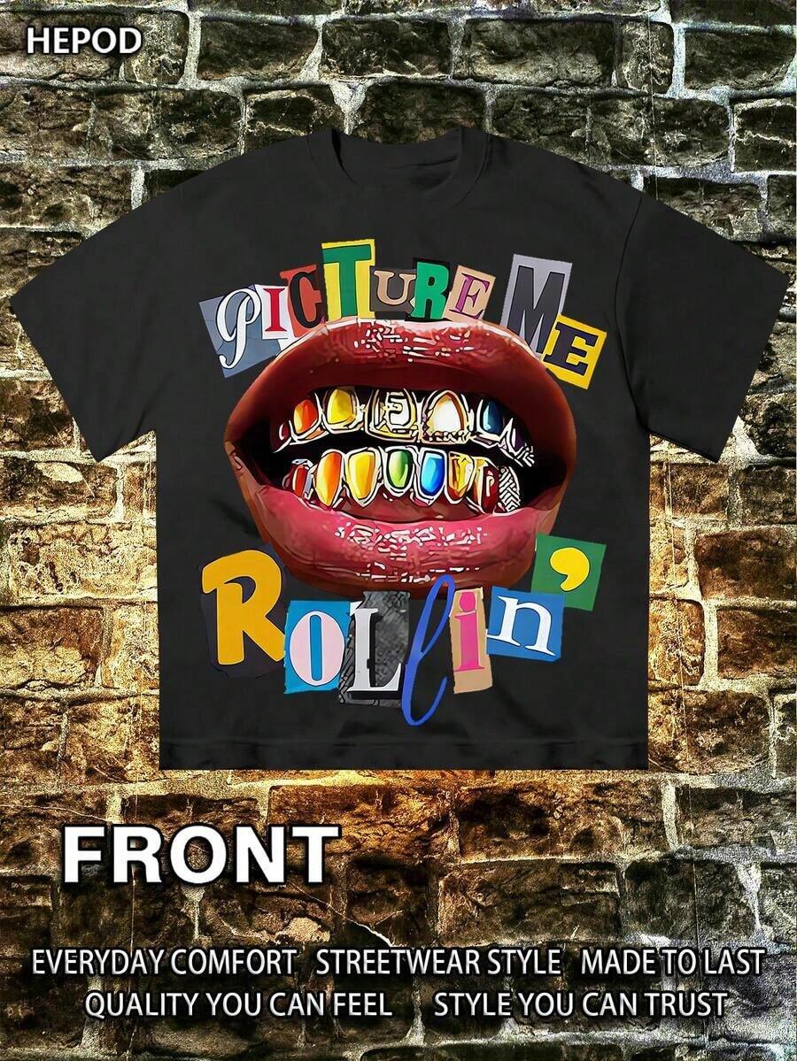 PICTURE ME ROLEIN, Street Wear, Y2K, (Cotton Streetwear T-Shirt) Men's Graphic Tees, Round Neck, Loose Fit, Fall & Holiday Travel, Unisex, Goth & Y2K - Black 2 - 查看 1