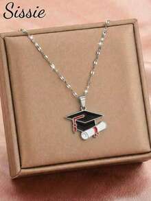 1pc Gold Sandblasted 2026 Graduation Cap Necklace, Stainless Steel Jewelry, Suitable For Children, Teenagers, Students, Graduation And Back To School Gift - Silver - View 2
