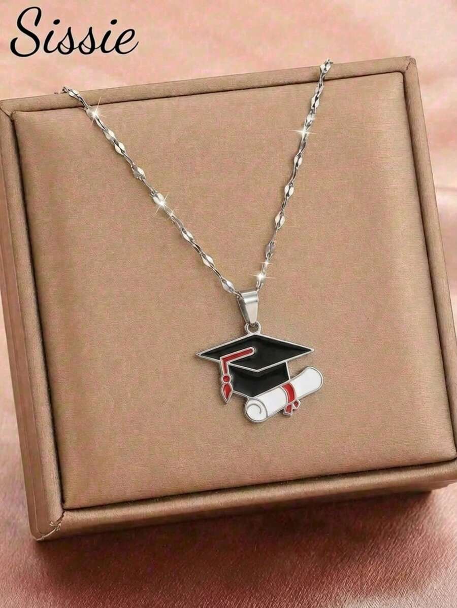 1pc Gold Sandblasted 2026 Graduation Cap Necklace, Stainless Steel Jewelry, Suitable For Children, Teenagers, Students, Graduation And Back To School Gift