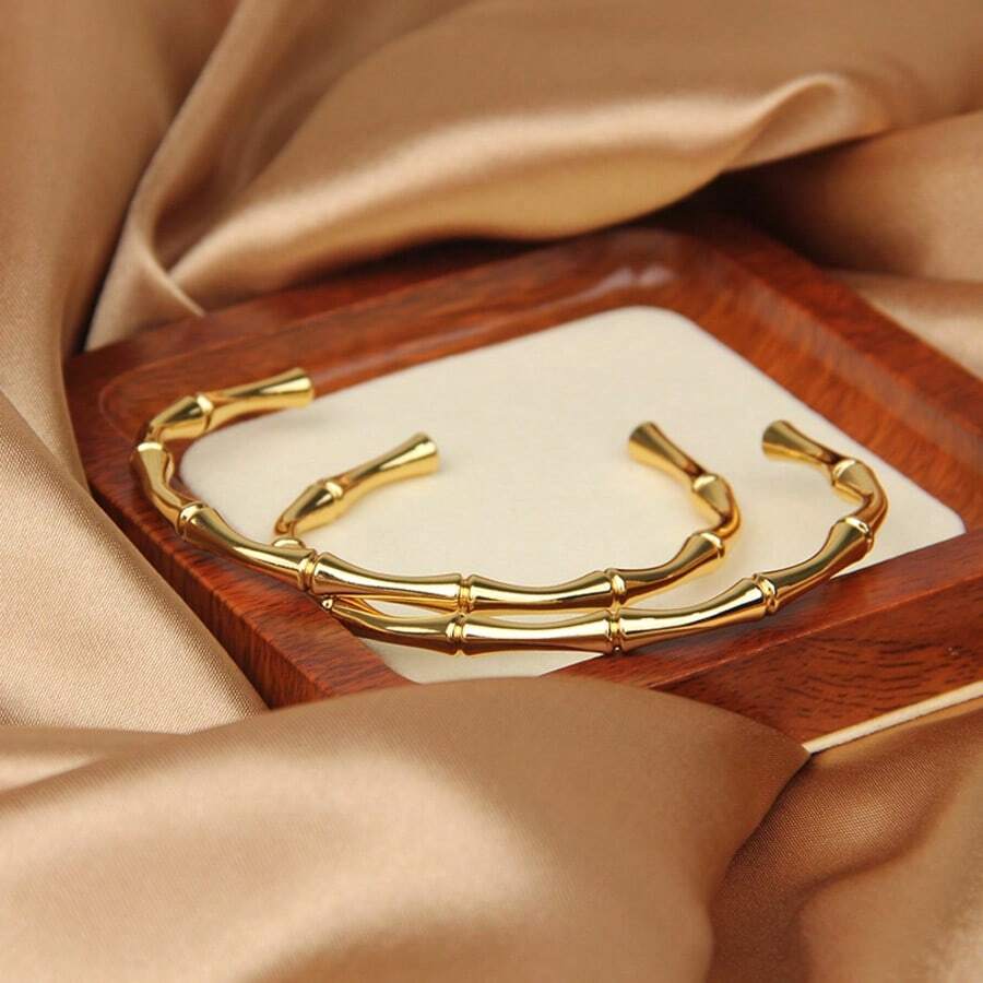 18K镀金不锈钢竹节手镯，简约链条手镯，优雅个性臂环，女士日常及派对饰品 - 竹節 - 查看 1