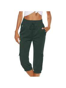 Cotton Linen Capri Pants For Women Drawstring Baggy Summer Cropped Pants Comfy High Waist Loose Resort Outfits - 綠色 - 查看 1