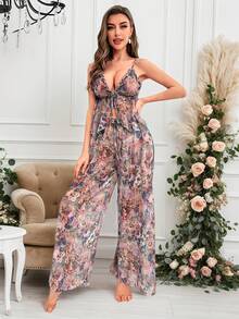 Women's Sexy Floral Print Pajama Set - Strapless V-Neck Top & Wide-Leg Pants With Smock Closure, Soft Lightweight Fabric, All-Season Comfort, Elegant Two-Piece Sleepwear For Women (Pink/Blue Floral On Beige) - Hand Washable Luxury Lounge Set - Hoa anh đào màu hồng tím - Xem 3