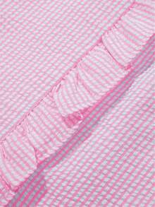 Acelitt Blue & White Striped Puff Sleeve Ruffle Collar Casual Shirt, Summer - Hot Pink - View 8