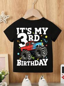 Baby Boy Short Sleeved Loose Round Neck T-Shirt With 3rd Birthday Monster Truck Printed Pattern Suitable For Summer Wear - màu đen - Xem 2