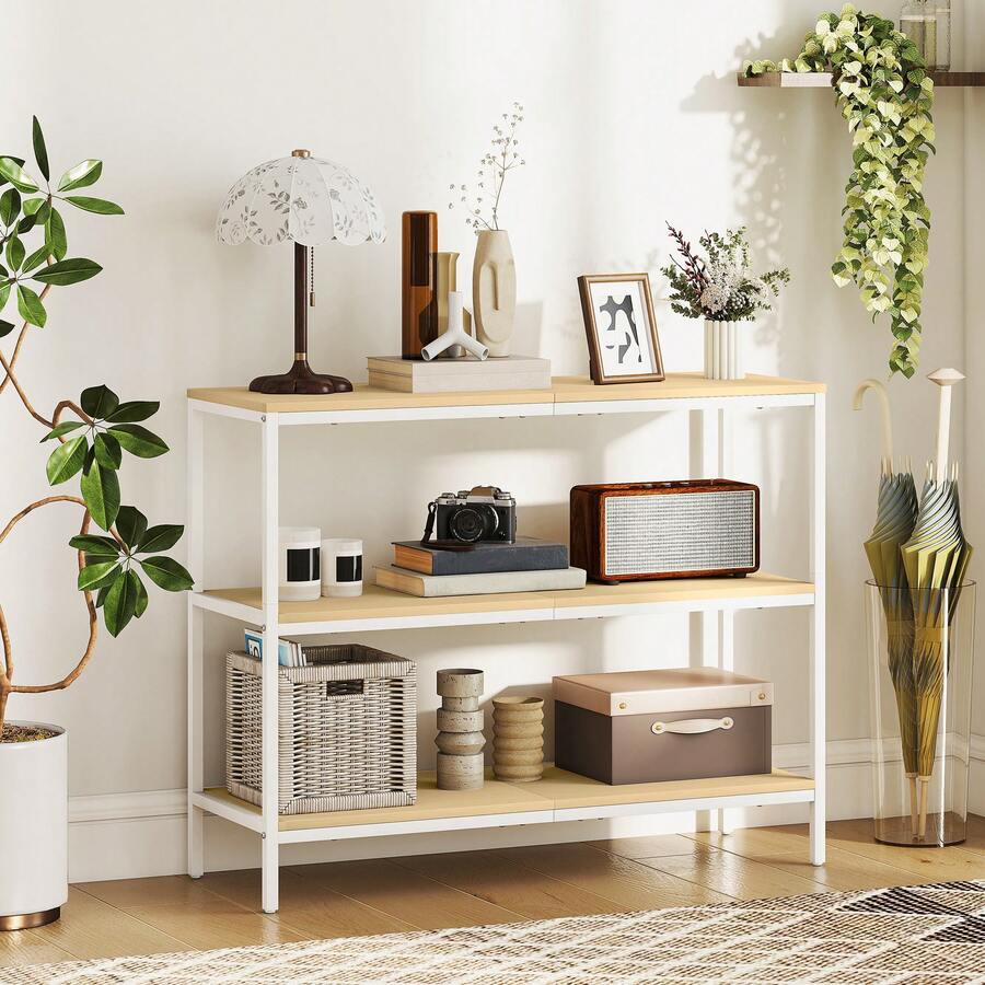 HOMCOM Mesa de Consola Estrecha 101x35x80 cm Consola de Recibidor Mesa de Recibidor Moderna con 3 Estantes Abiertos y Patas de Metal para Pasillo Entrada Salón Dormitorio Natural y Blanco - Marrón - Ver 1