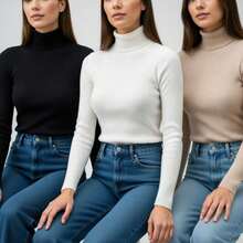 Women's Turtleneck Ribbed Knit Blouse, 3-Piece Set, High Neck, Cold Weather - 黑色 - 白色 - 米色 - 查看 7