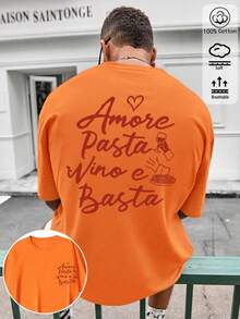 Amore Pasta & Wine 設計男士修身版型 T-shirt，度假旅行海灘、日常聚會適用 - 橘色 - 查看 2