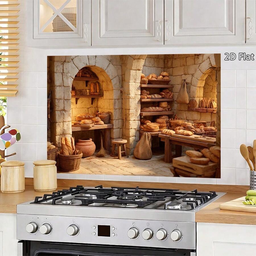 1pc Decorative Sticker, Rustic Bakery Kitchen Wall Decal, Stove Backsplash Decor - Warm Lighting Design, Stone Building Style Restaurant Wall Sticker, Fresh Bread Decor Pattern, Modern Style Wall Decal, Self-Adhesive Kitchen Decor Accessory, 2D Flat Design - A - View 1
