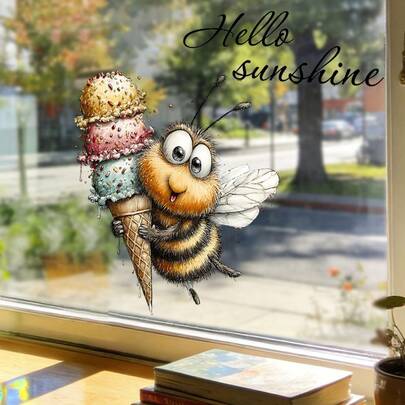 1/3pcsCute Cartoon Bee Window Stickers With The Words "Hello Sunshine," Reusable Electrostatic Window Stickers, Suitable For Decorating Windows, Bedrooms, Studies, And Home Furnishings.