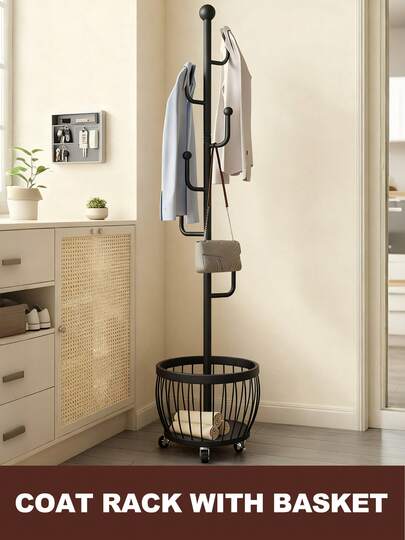 Black Coat Rack With Storage Basket, Freestanding Clothes Rack, Coat Rack Stand For Hat Scarves Handbags Clothes, Modern Coat Hanger Stand For Entryway, Moving Storage Rack For Bedroom Living Room Office Hallway Entrance, Easy Access, Hallway Decor