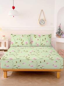 2/3pcs Soft Fitted Bedding Set - Floral Bedsheet 1/2pcs Pillowcase And 1pc 12-Inch Dust Ruffle, Suitable For All Bed Sizes, Twin/Full/Queen/King/Small - Pastel Green - View 4