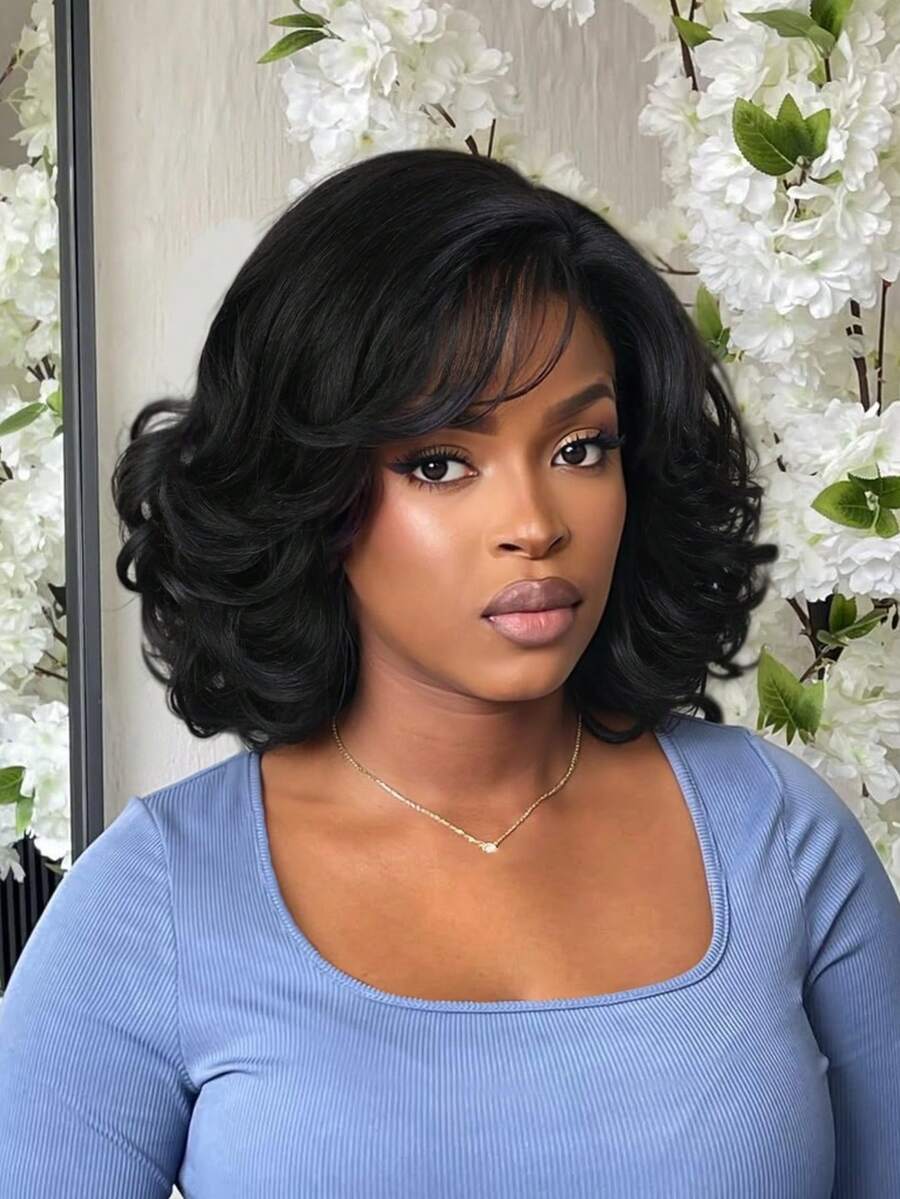 4x1 Layered Short Curly Wavy Side Bangs Lace Front Wig, Natural Layers, Heat-Resistant Synthetic Fiber, Suitable For Daily Wear, Black - màu đen - Xem 1