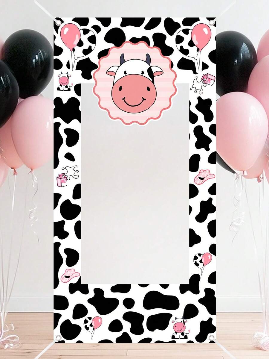 1件裝卡通乳牛拍照框背景牆 120x60cm 乳牛斑點拍照亭相框 農場風生日派對裝飾 男孩女孩適用 1歲生日 嬰兒洗禮拍照道具