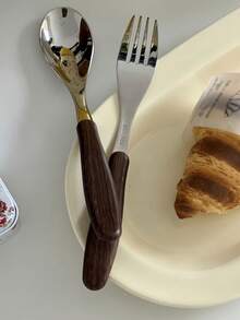 1件 Ins風極簡百搭仿木紋不鏽鋼主餐甜點匙叉，家用餐具，適用於咖啡廳、居家、餐廳、派對、舞會、辦公室 - 查看 8
