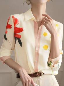 Women's Floral & Leaf Print Color Block Button-Front Casual/Office/Commute Shirt Spring - Multicolor - View 5