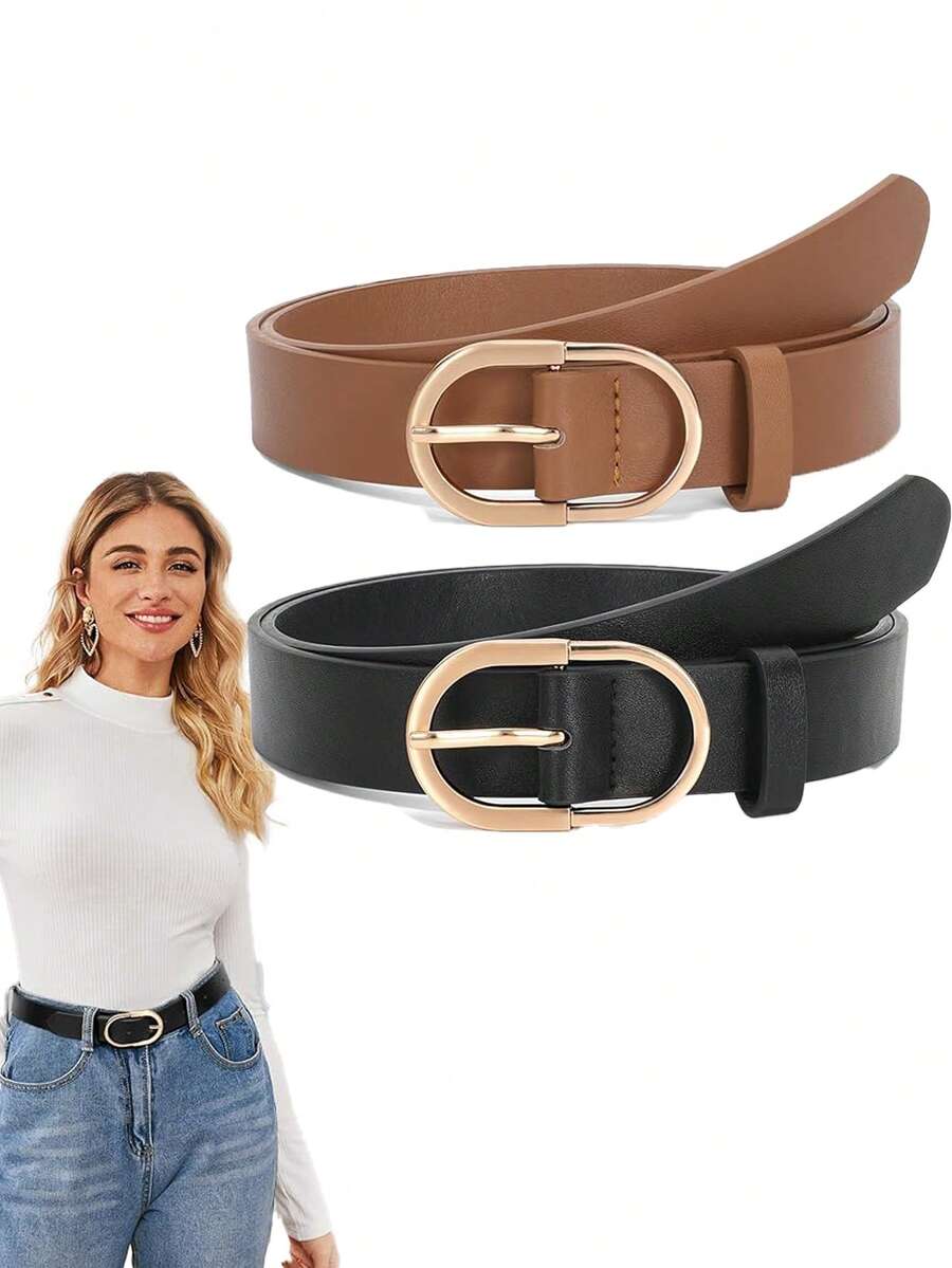 2 Packs Women's Leather Belts For Pants Fashion Ladies Belt With Gold Buckle - Multicolor - View 1