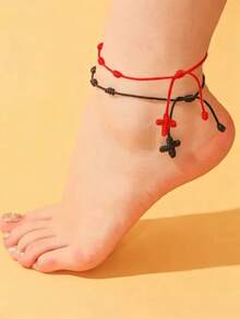 2pcs Fashionable Beach Style Minimalist Lucky Cross Woven Anklet Set For Women - Black Red Cross - View 7