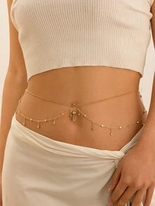 1pc Summer Vacation Style Gold Multi-Layer Chain Waist Belt, Delicate Body Chain With Navel Piercing, Unique Design Elegant Accessory For Engagement, Wedding, Party, Festival, Gift For Friends And Loved Ones (Handmade, Random Number Of Rhinestones) - Gold - View 3