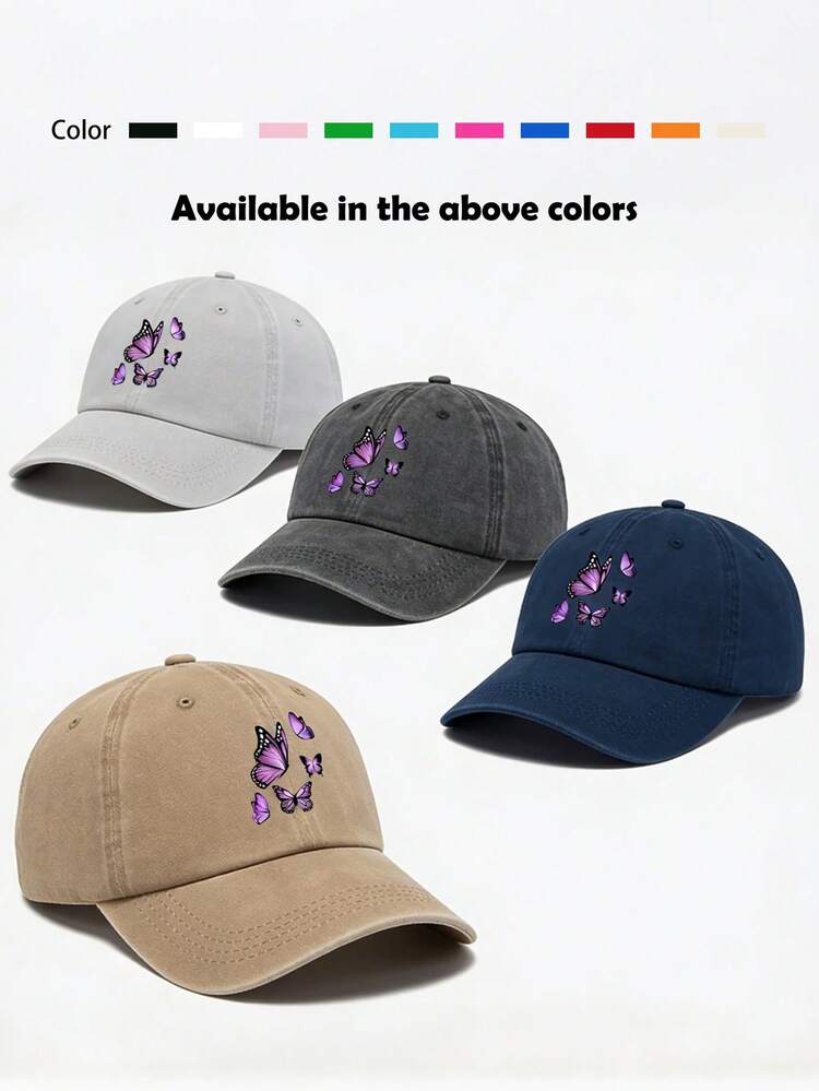 1顶男女通用四季棒球帽，纯色蝴蝶印花做旧复古水洗弯檐老爹帽，适合日常休闲穿着 - A - 查看 11